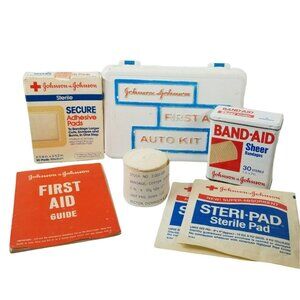 Vintage Lot First Aid Items Bandages Band Aid Tin Johnson & Johnson Travel Kit
